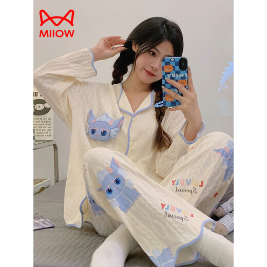 Miiow King Catman Elvis Pure Cotton Pyjamas für Frauen Frühling und Herbst Neue Langarmhosen Loose Strickwind Sweet Cartoon niedliche Heimkleidung Set 9215 m [Vorgeschlagen 80-100Jin [Jin gleich 0,5 kg]]