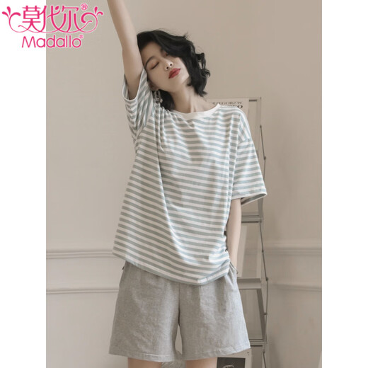 莫代尔2025年新款睡衣女夏季棉质短袖宽松大码两件套休闲简约家居服套装 YZ9848黑条纹 M 女款 建议80-100斤