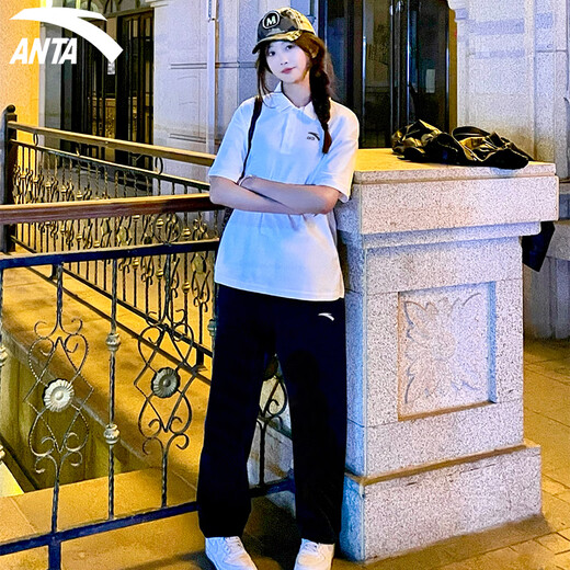 Anta (Anta) Sportanzug Fraueneiseis Seide Schnelltrockne Polo-Hemd T-Shirt Kurzärärmelhosen und lange Hosen für Sommer-Laufkleidung und Hosen Schneeflocken Weiß/Basic Black [Schnelltrocknen] m