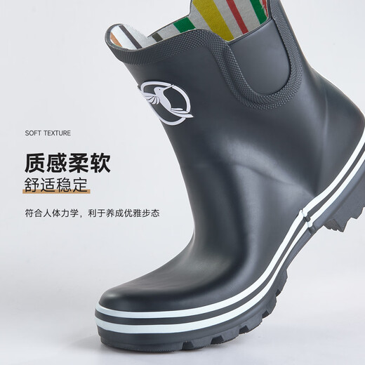 EVERCREATURES英国雨鞋女雨靴切尔西雨鞋时尚百搭防滑防水鞋水靴橡胶雨靴 女 黑色白沿条短筒 36