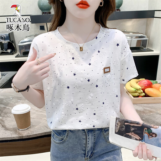 啄木鸟纯棉宽松印花T恤女潮夏装新款百搭体恤上衣 1396白色+2503大字母 2XL 适合135-150斤