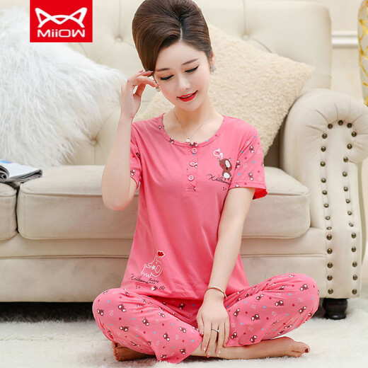 Catman Miiow Pyjamas d'âge moyen et âgé pour les femmes, un pantalon à manches courtes en coton pur, des combinaisons de vêtements de maison en vrac et plus grandes, peut être porté à l'extérieur de M4-II9201III Pullover M [adapté à 80-jin [Jin est égal à 0,5 kg]]]
