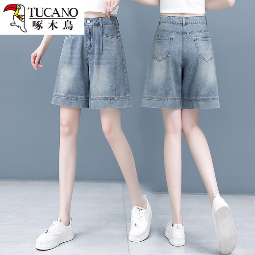 Woodpecker American Forts de mezclilla de cinco puntos para mujeres 2025 Summer Nuevo Pantalones de longitud de longitud anchas delgadas y versátiles de cinturón de cintura.