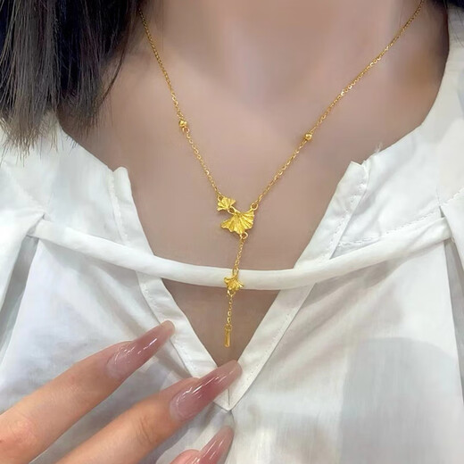 Libiao 5G gold ginkgo leaf necklace for women 999 pure gold Sansheng apricot set chain new leaf tassel gold necklace gold ginkgo leaf necklace about 7.8 grams