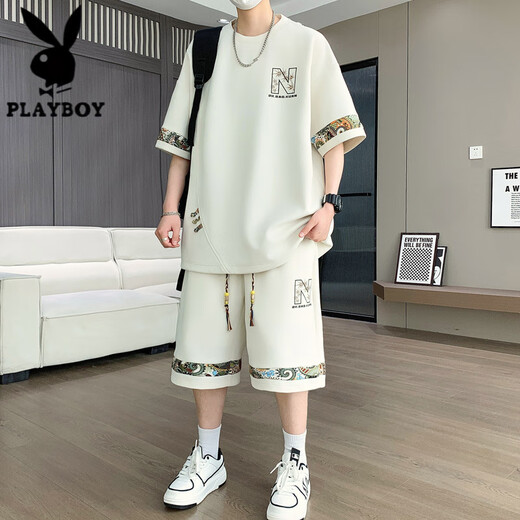 花花公子（PLAYBOY）夏季新款大码休闲运动套装男士短袖短裤两件套潮 【套装】6195：白色 4XL (建议190-210斤)