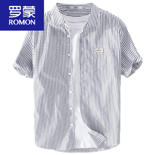 罗蒙（ROMON）男士条纹短袖衬衫日系宽松薄款上衣夏季休闲衣服潮流百搭衬衣新品 9740蓝色 XL 125斤左右