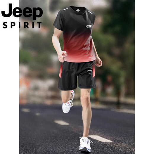 JEEP Laufsportanzug Herren Sommer Outdoor Eisseide Schnelltrocknendes Kurzarm-T-Shirt Schweißabsorbierend Atmungsaktiv Basketball-Trainingsanzug JP-9901 Schwarz Rot M 90-115Jin Jin entspricht 0,5 kg