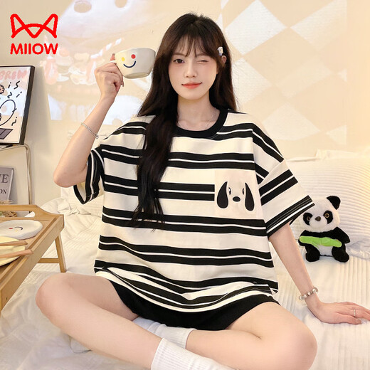 猫人睡衣女自带胸垫一体短袖短裤两件套2025夏季新款甜美风家居服套装 693黑笑脸 2XL 【建议125-150斤】