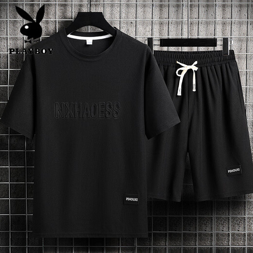 花花公子（PLAYBOY）夏季男士运动套装短袖T恤上衣宽松大码短袖短袖休闲套装帅气搭配 套装829咖色 M 建议穿90-110斤