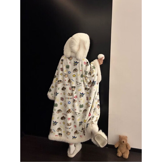 Sweet Fish Crayon Shin-Chan Pajamas Women's Autumn and Winter Cloak Student Hooded Thickened Plush Cartoon Coral Velvet and Velvet Home Clothes Crayon Shin-chan Cloak Pajamas Pants Plus Velvet and Thickened S ((150-160) Height) Within 7 days