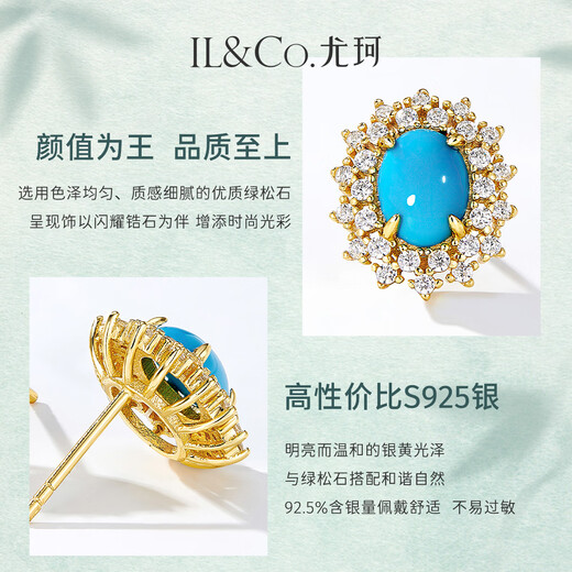 IL&CO Youke S925 Silver Natural Turquoise Pendant Necklace Women's Light Luxury Clavicle Chain Birthday Gift for Girlfriend S925 Silver Turquoise Earrings Pair