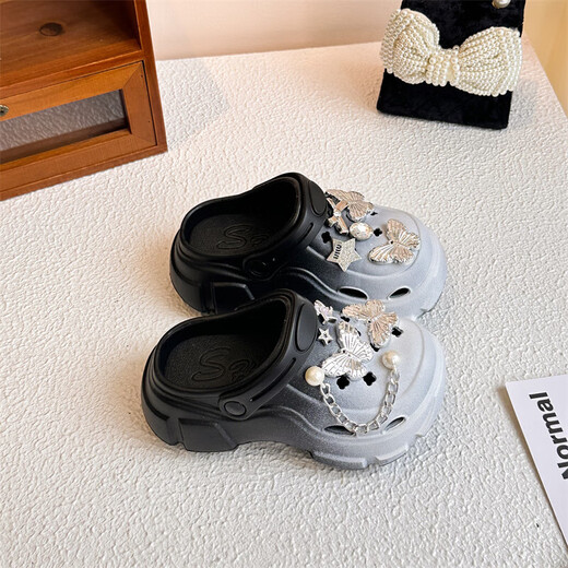 Children's sandals, girls' clogs, sandals, non-slip toe-cap slippers, 2025 summer new color-blocking beach shoes, black butterfly stars, size 34-35, inner length 21cm