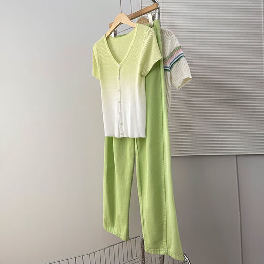 Yu Zhaolin (Yuzhaolin) 2025 Sommerer Modeanzug für modische altersreduzierende T-Shirt von Frauen mit hoher Taillenabschleife zweiteilige grüne Hose 7373b s