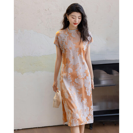 Demana [glossy satin jacquard] summer Chinese style new Chinese cheongsam skirt stand collar shoulder waist-hugging women's dress