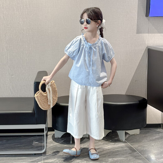 MOKITOUL女童夏套装2025新款女大童夏季洋气衬衫女孩七分裤夏装短袖娃娃衫 米色裤子（高端礼盒包装） 40 cm2 1