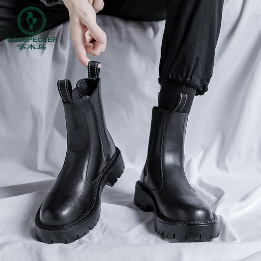 Specht Frühling und Herbst Chelsea Boots Herren Boots Britische Martin-Stiefel Herren Winter Plüsch-Chime-Stiefel High-Top Dicke Sohle-Männerstiefel 3524 Schwarz [Höhe 15 c m] 37