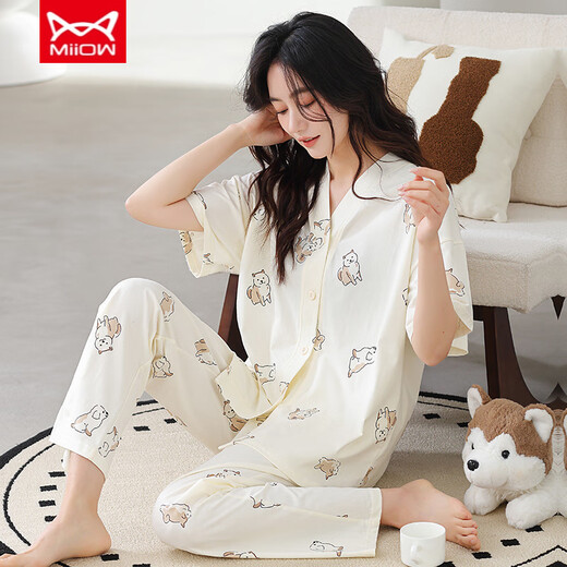 猫人（MiiOW）纯棉睡衣女春夏短袖长裤开衫韩版可爱领夏天家居服全棉套装 YSH-911#开衫 L 码100-120斤需预留缩水