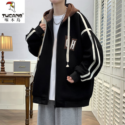 Woodpecker (TUCANO) 2025 Spring and Autumn Jacket Men's Hooded Student Baseball Casual All-Match Jacket Boys Junior High School Jacket Men's 10740-JK008 Off-white XL 120-140Jin Jin equals about 0.5 kg
