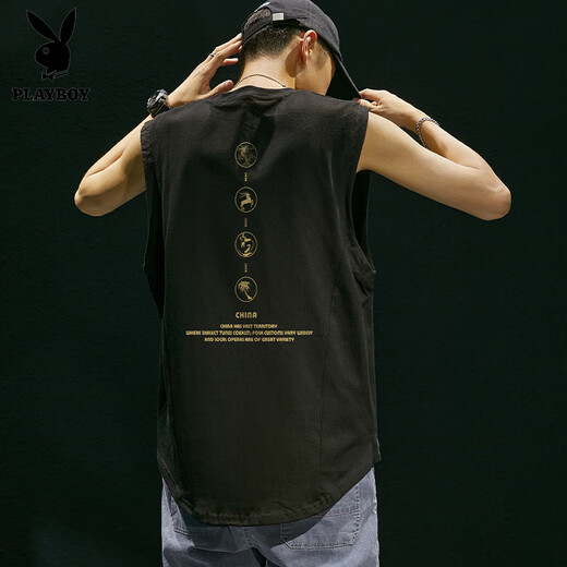 花花公子（PLAYBOY）纯棉潮牌外穿背心男士夏季美式复古无袖t恤时尚百搭痞帅坎肩宽松 BX1098黑色 S (偏大一码)