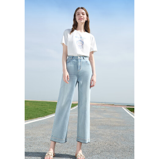 百图betu女装2025夏季新款牛仔阔腿裤棉感天丝九分裤裤子女2505X15 浅牛仔蓝 M