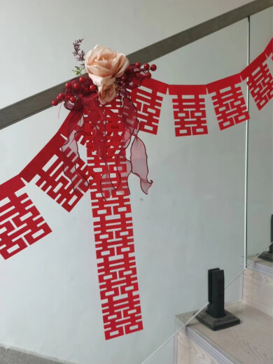 CLCEY Wedding Stair Handrail Decoration Wedding Room Layout Scene Bow Honeycomb Ball Post Hanging Decoration Wedding Flower B3892-Big Red Pearl Ice Wire Cloth 4 meters