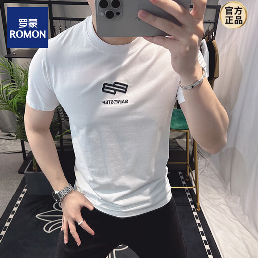 罗蒙（ROMON）欧洲站2025新款刺绣纯棉短袖T恤男士夏季感字母印花修身上衣 黑色 DF9905 M 【建议90-110斤】