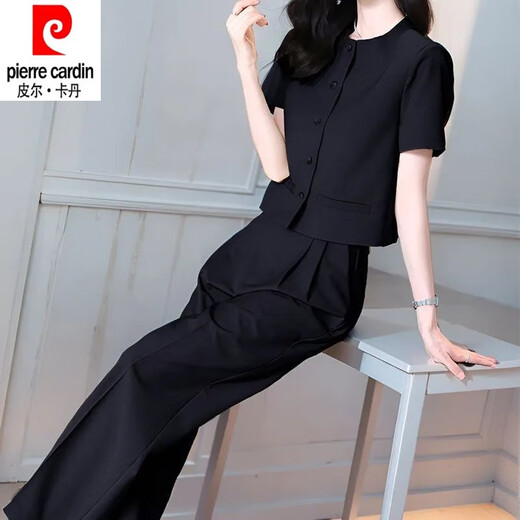皮尔卡丹（pierre cardin）时尚套装女夏季2025新款洋气显瘦御姐圆领短袖衬衫直筒裤两件套女 12608-绿色套装 L 【建议95-110斤】