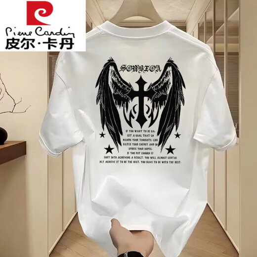 
Pierre cardin summer European and American cross short-sleeved T-shirt men summer casual comfortable loose American high street half-sleeved top men 3881 white S