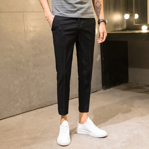 Jessons Casual Hosen Herren Sommer Dünne Eis Seidengeschnittene Hosen Schlanker kleiner Fuß kariertes Hosen Koreanischer Stil trendiger Herrenanzug Hosen K690 Schwarz (Crop Hosen) 32