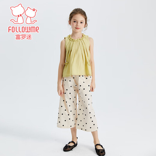 Fuluo Mi Girls Anzug Summer Sweet Spitze ärmellose Top Kinder Polka Dot Casual Hosen Zweiteiler Set grün/m 150