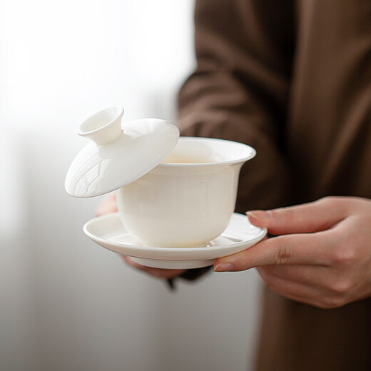 SUSHI CERAMICS Suet Jade White Porcelain Kung Fu Tea Set Hover Cover Bowl Tea Tray Tea Set Home Office Gift Affordable Group Purchase