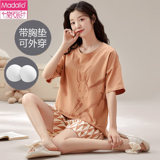 莫代尔夏季女士短袖睡衣套装纯棉自带胸垫一体家居服可外穿薄款大码夏天 GXT1047 M （建议75-95斤）
