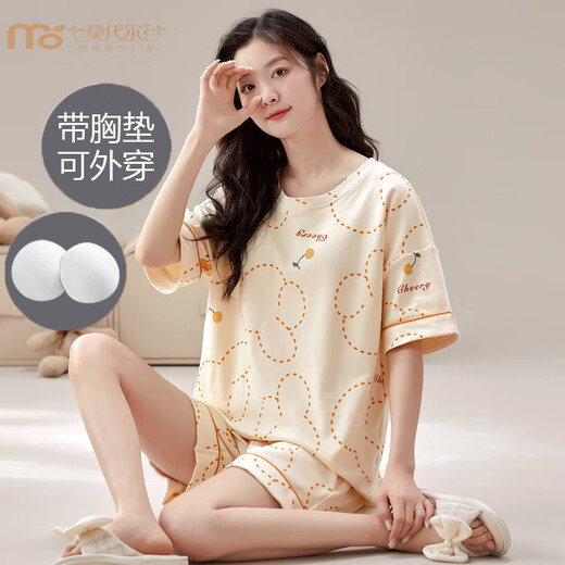 
Modal summer short-sleeved pajamas set for women with breast pads integrated home clothing large size anti-convex dots can be worn outside in summer thin style GXT1047 M