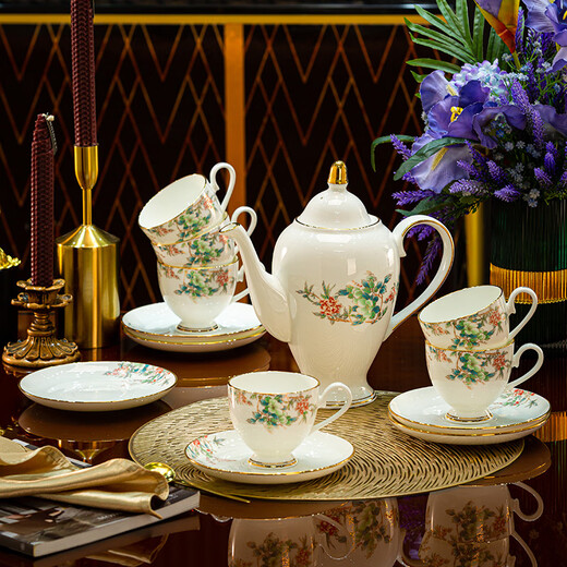 Jingqiu underglaze color high-end water set Jingdezhen high temperature bone china tea set water cup kettle complete set household gift box underglaze color flowery water set 13 pieces