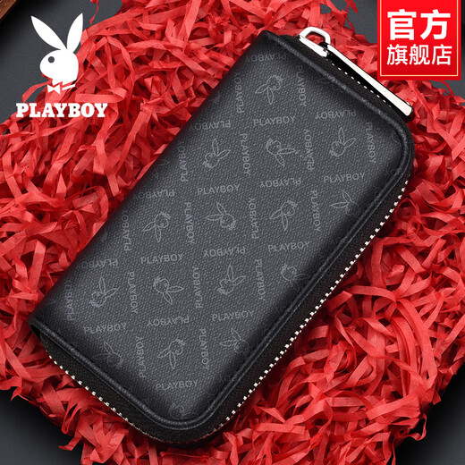 花花公子（PLAYBOY）钥匙包男士钥匙收纳包大容量多功能保护套腰挂拉链锁匙包 黑色【PAAZ2104-0B】_【头层牛皮