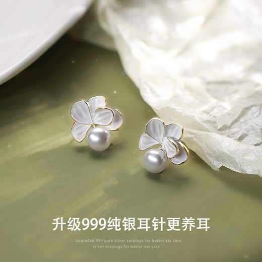 Ruihongxiang pure silver imitation pearl earrings, 999 sterling silver earrings, camellia earrings, French style high-end temperament earrings, 999 sterling silver earrings, white camellia pearl earrings