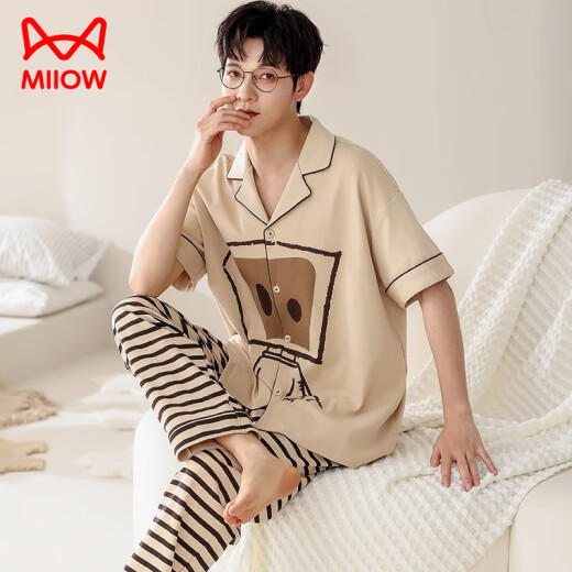 
Cat Man (MiiOW) pajamas men summer pure cotton short-sleeved trousers thin men's cute cartoon 2025 new student home clothing set Flagship store-694 L