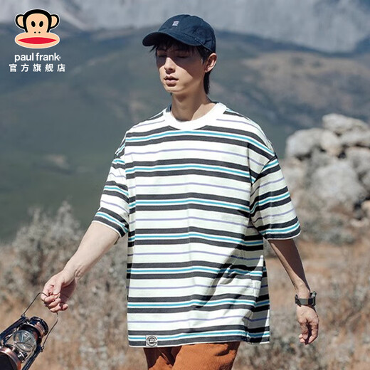 Big Mouth Monkey (paul frank) American fashion brand handsome color-blocking round neck men's T-shirt in summer thin loose stripes casual and versatile short-sleeved men's clothing green 698D [official authentic] XL [recommended 140-155 Jin [Jin equals 0.5 kg]]
