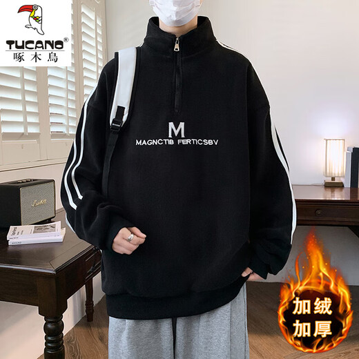Holzspecker (Tucano) neuer Stil und Samt verdickte Sweatshirt für Jungen, Junior- und Senioren-Schüler, halb Schildkrötenhals-Basishemd für Teenager, Herbst- und Winter-Herrenkleidung 10710-R683 Black Plus Samt verdickte L 10-120jin [Jin gleich 0,5 kg]
