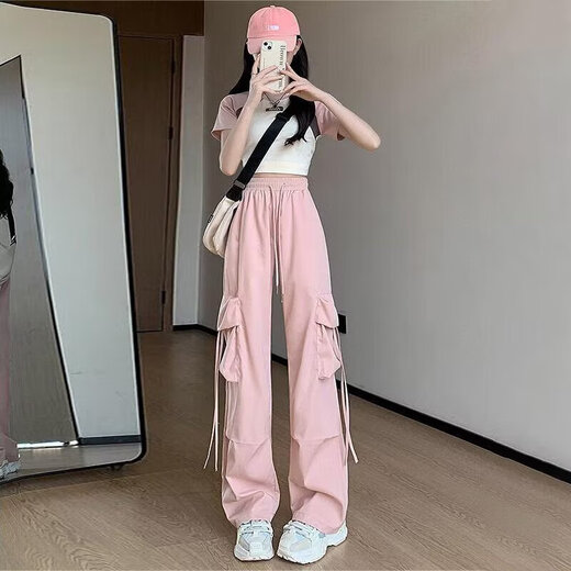 
Casual simple dopamine wear work pants for women in spring and summer drawstring hip-hop thin style wide-leg floor trousers MY-687 yellow XL