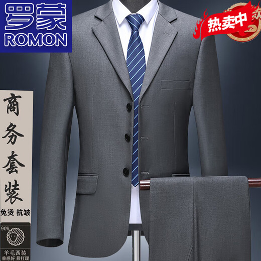 ROMON high-end wool suit suit for middle-aged men, no ironing, anti-wrinkle, business casual, professional formal wear, dad's wedding suit, navy blue - two buttons - middle slit two-piece set M 165 size