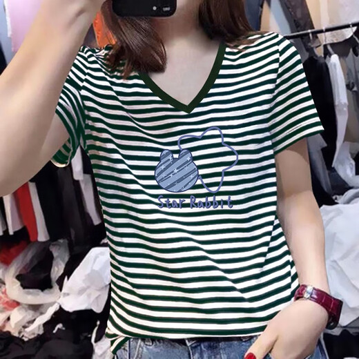 Gtyuwvg reines Baumwollwesen V-Ausschnitt mit kurzer Ärmel T-Shirt für Frauen 2025 neue europäische Waren Schulter Hühnchen Herzkragen gestreiftes Druck T-Shirt Top Trend 6223 Schwarz-Weiß-Streifen V-Ausschnitt S