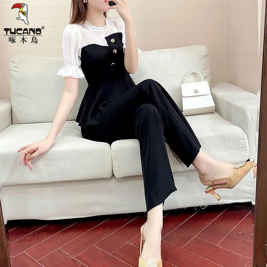 
Woodpecker 2025 new summer suit age-reducing chiffon splicing two-piece fashion celebrity temperament goddess style professional suit women fashion black top + pants two-piece set [short/sleeved] S S suggested 80-95Jin [Jin equals 0.5 kg]