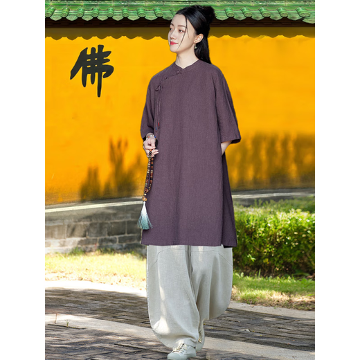 德国品质禅服修行女中国风佛系禅意女装夏季中式斜襟上衣寺院棉麻拜佛素衣 (套装)禅紫短袖上衣+麻色阔腿裤6189# S