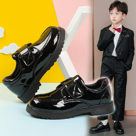 Tian Miaomiao boys' leather shoes soft sole children's campus performance shoes new style little boy performance British style student black leather shoes boys' black leather shoes upgraded Velcro style 36 size shoe inner length about 225mm