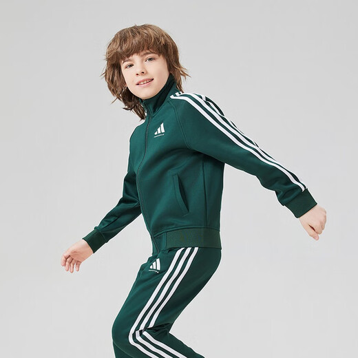 adidas autumn children's stand-up collar sports and casual jacket dark green/white 110
