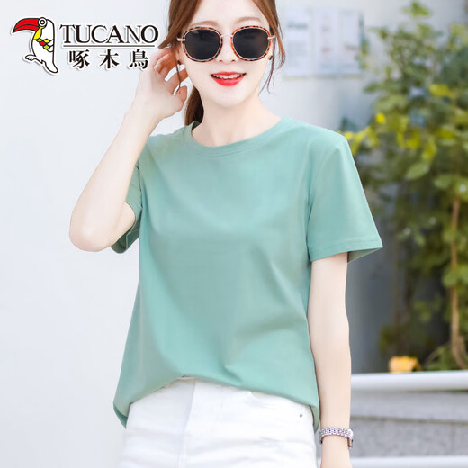 
Woodpecker high-end pure cotton T-shirt for women short-sleeved loose versatile solid color cotton green half-sleeved T-shirt summer top 6172 light purple short-sleeved M (recommended 80-105 Jin [Jin equals 0.5 kg])