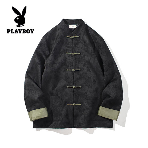 花花公子（PLAYBOY）新中式唐装男中国风秋冬季长袖夹克复古盘扣汉服宽松大码男士外套 Y756黑色 L 120-135斤