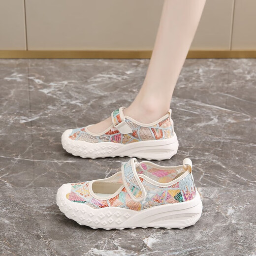 Women's shoes 2025 summer new breathable and lightweight Mary Jane Velcro one foot thick sole anti-slip slow step mother's shoes YGNX-677 blue 35