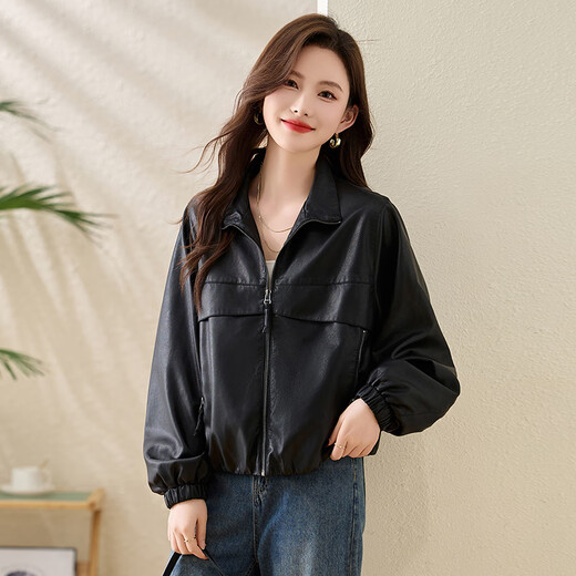 
ROMON (ROMON) jacket for women European style lapel leather jacket short spring suit 2025 new light luxury high-end fashion jacket top black M [recommended 110Jin [Jin equals 0.5 kg]]